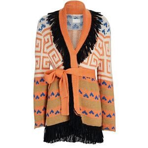 Mother The Belted Short Alpaca Wool Blend Knit Fringe Orange Cardigan Sweater XS